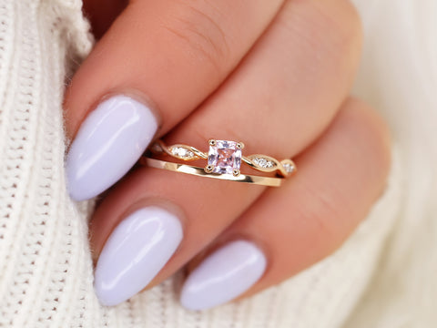 0.44ct Ember & PLAIN Romani 14kt Rose Gold Cushion Peach Sapphire Diamonds Solitaire Bridal Set - Rosados Box