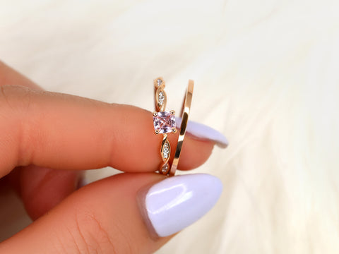 0.44ct Ember & PLAIN Romani 14kt Rose Gold Cushion Peach Sapphire Diamonds Solitaire Bridal Set - Rosados Box