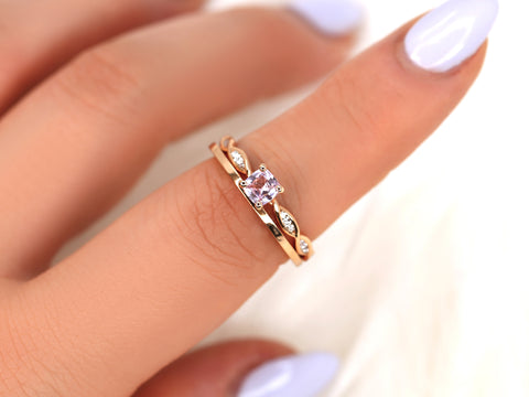 0.44ct Ember & PLAIN Romani 14kt Rose Gold Cushion Peach Sapphire Diamonds Solitaire Bridal Set - Rosados Box