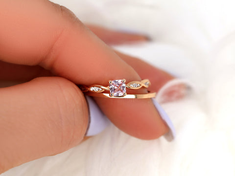 0.44ct Ember & PLAIN Romani 14kt Rose Gold Cushion Peach Sapphire Diamonds Solitaire Bridal Set - Rosados Box