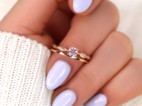 0.44ct Ember & PLAIN Romani 14kt Rose Gold Cushion Peach Sapphire Diamonds Solitaire Bridal Set - Rosados Box