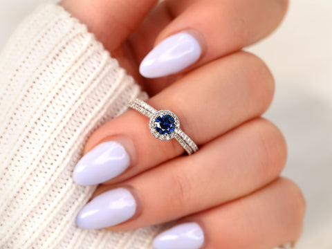 0.54ct Ready to Ship Kubian 14kt White Gold Blue Sapphire Diamond Pave Halo Bridal Set - Rosados Box