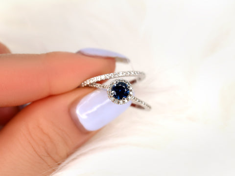 0.54ct Ready to Ship Kubian 14kt White Gold Blue Sapphire Diamond Pave Halo Bridal Set - Rosados Box