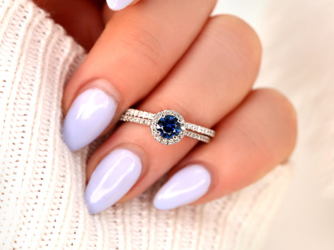 0.54ct Ready to Ship Kubian 14kt White Gold Blue Sapphire Diamond Pave Halo Bridal Set - Rosados Box