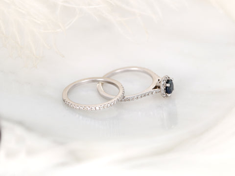 0.54ct Ready to Ship Kubian 14kt White Gold Blue Sapphire Diamond Pave Halo Bridal Set - Rosados Box