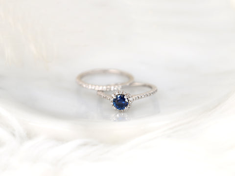 0.54ct Ready to Ship Kubian 14kt White Gold Blue Sapphire Diamond Pave Halo Bridal Set - Rosados Box