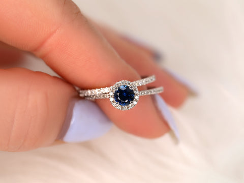 0.54ct Ready to Ship Kubian 14kt White Gold Blue Sapphire Diamond Pave Halo Bridal Set - Rosados Box