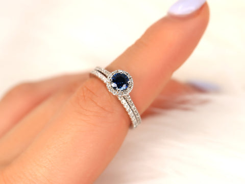 0.54ct Ready to Ship Kubian 14kt White Gold Blue Sapphire Diamond Pave Halo Bridal Set - Rosados Box