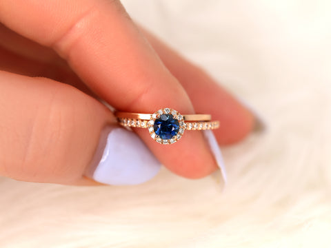 0.63ct Ready to Ship Amanda & Plain Barra 14k Rose Gold Blue Sapphire Diamond Pave Round Halo Bridal Set - Rosados Box