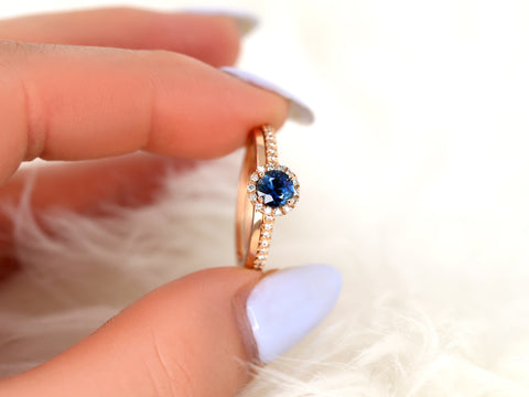 0.63ct Ready to Ship Amanda & Plain Barra 14k Rose Gold Blue Sapphire Diamond Pave Round Halo Bridal Set - Rosados Box