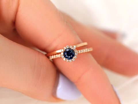 0.63ct Ready to Ship Amanda & Plain Barra 14k Rose Gold Blue Sapphire Diamond Pave Round Halo Bridal Set - Rosados Box