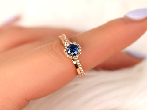 0.63ct Ready to Ship Amanda & Plain Barra 14k Rose Gold Blue Sapphire Diamond Pave Round Halo Bridal Set - Rosados Box