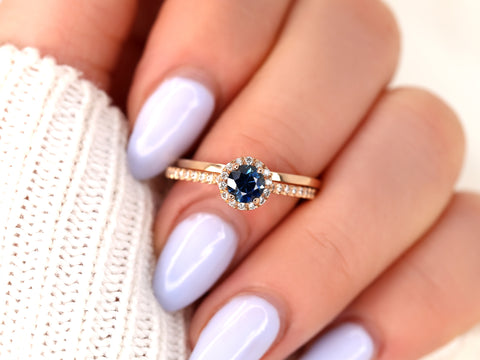 0.63ct Ready to Ship Amanda & Plain Barra 14k Rose Gold Blue Sapphire Diamond Pave Round Halo Bridal Set - Rosados Box