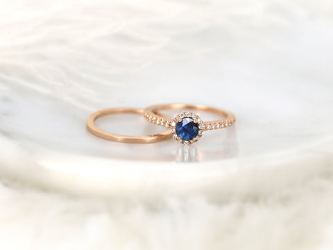 0.63ct Ready to Ship Amanda & Plain Barra 14k Rose Gold Blue Sapphire Diamond Pave Round Halo Bridal Set - Rosados Box