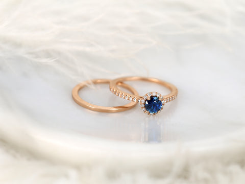 0.63ct Ready to Ship Amanda & Plain Barra 14k Rose Gold Blue Sapphire Diamond Pave Round Halo Bridal Set - Rosados Box