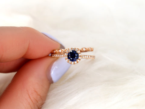 0.63ct Ready to Ship Kubian 0.63cts & Ultra Petite Leah 14kt Rose Gold Blue Sapphire Diamond Art Deco Halo Bridal Set - Rosados Box