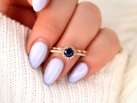 0.63ct Ready to Ship Kubian 0.63cts & Ultra Petite Leah 14kt Rose Gold Blue Sapphire Diamond Art Deco Halo Bridal Set - Rosados Box