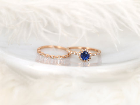 0.63ct Ready to Ship Kubian 0.63cts & Ultra Petite Leah 14kt Rose Gold Blue Sapphire Diamond Art Deco Halo Bridal Set - Rosados Box