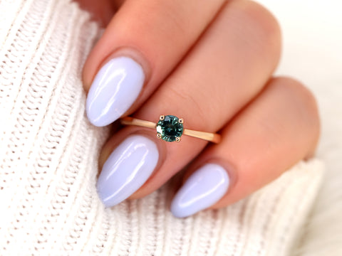 0.65ct Skinny Flora 14kt Rose Gold Ocean Teal Blue Sapphire Cathedral Round Solitaire Ring - Rosados Box