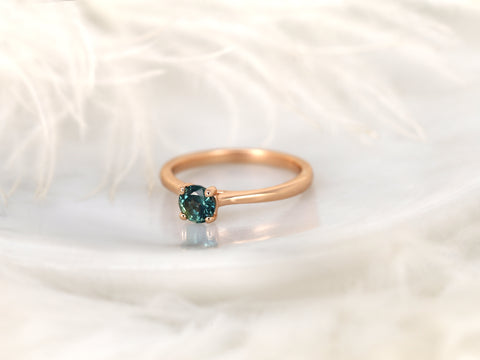 0.65ct Skinny Flora 14kt Rose Gold Ocean Teal Blue Sapphire Cathedral Round Solitaire Ring - Rosados Box