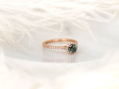 0.67ct Ready to Ship Kubian 14kt Rose Gold Teal Sapphire Diamonds Round Halo Ring - Rosados Box