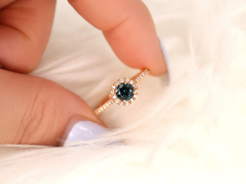 0.67ct Ready to Ship Kubian 14kt Rose Gold Teal Sapphire Diamonds Round Halo Ring - Rosados Box