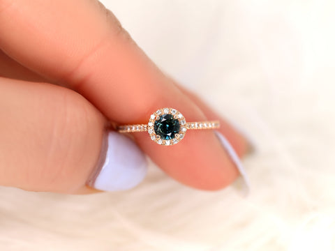 0.67ct Ready to Ship Kubian 14kt Rose Gold Teal Sapphire Diamonds Round Halo Ring - Rosados Box