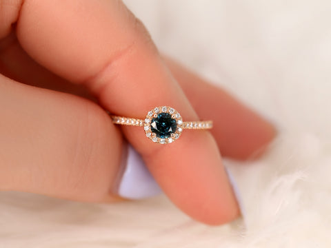 0.67ct Ready to Ship Kubian 14kt Rose Gold Teal Sapphire Diamonds Round Halo Ring - Rosados Box