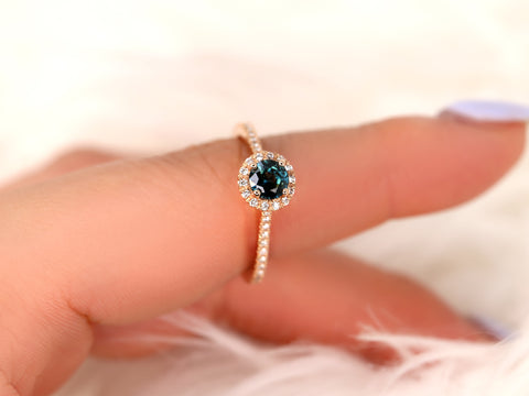 0.67ct Ready to Ship Kubian 14kt Rose Gold Teal Sapphire Diamonds Round Halo Ring - Rosados Box