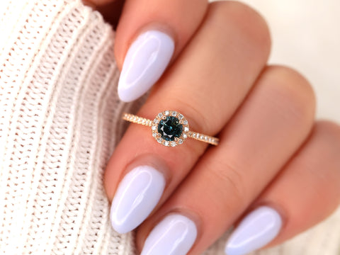 0.67ct Ready to Ship Kubian 14kt Rose Gold Teal Sapphire Diamonds Round Halo Ring - Rosados Box