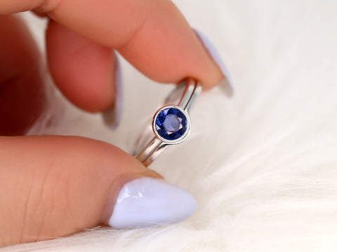 0.74cts Ready to Ship Ida 14kt White Gold Rose Cut Blue Sapphire Bezel Bridal Set - Rosados Box