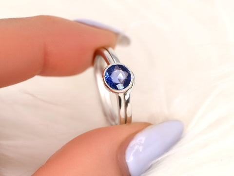 0.74cts Ready to Ship Ida 14kt White Gold Rose Cut Blue Sapphire Bezel Bridal Set - Rosados Box
