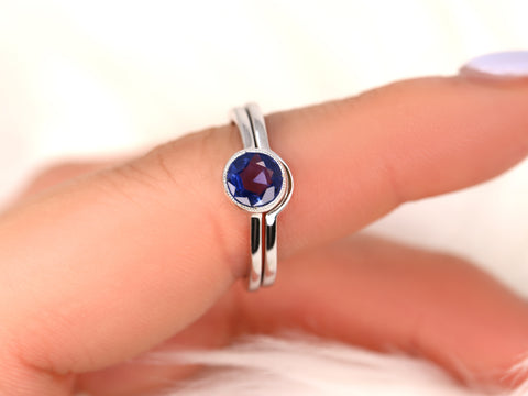 0.74cts Ready to Ship Ida 14kt White Gold Rose Cut Blue Sapphire Bezel Bridal Set - Rosados Box