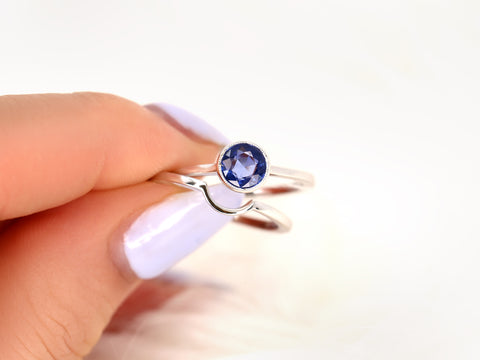 0.74cts Ready to Ship Ida 14kt White Gold Rose Cut Blue Sapphire Bezel Bridal Set - Rosados Box