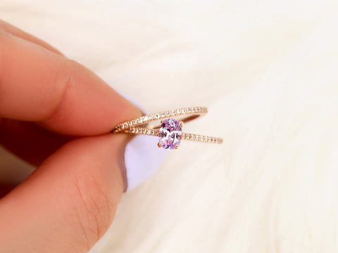 0.76ct Blake 14kt Rose Gold Icy Blush Lavender Sapphire Diamond Oval Solitaire Bridal Set - Rosados Box
