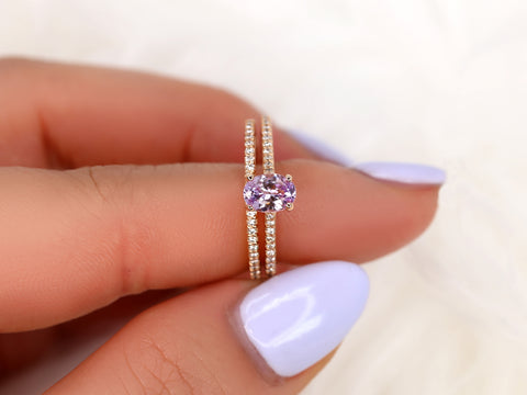 0.76ct Blake 14kt Rose Gold Icy Blush Lavender Sapphire Diamond Oval Solitaire Bridal Set - Rosados Box