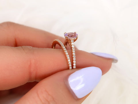 0.76ct Blake 14kt Rose Gold Icy Blush Lavender Sapphire Diamond Oval Solitaire Bridal Set - Rosados Box