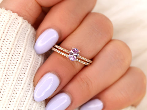 0.76ct Blake 14kt Rose Gold Icy Blush Lavender Sapphire Diamond Oval Solitaire Bridal Set - Rosados Box