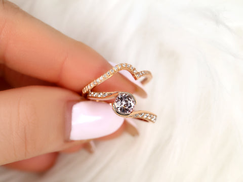 0.91ct Odala 14kt Rose Gold Peach Champagne Sapphire Diamonds Pave Bypass Round Bridal Set