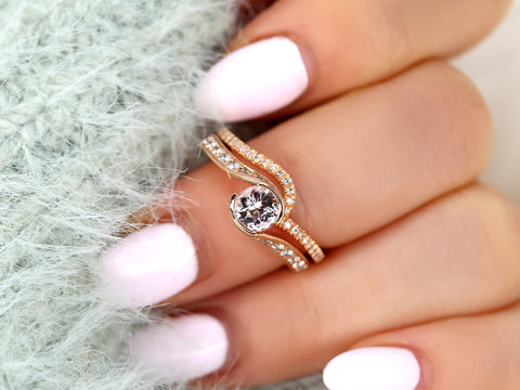 0.91ct Odala 14kt Rose Gold Peach Champagne Sapphire Diamonds Pave Bypass Round Bridal Set