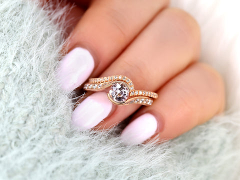 0.91ct Odala 14kt Rose Gold Peach Champagne Sapphire Diamonds Pave Bypass Round Bridal Set