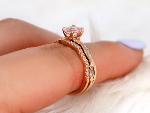1.02ct Tressa 14kt Rose Gold Peach Champagne Sapphire Diamond Cushion Twisted Bridal Set - Rosados Box