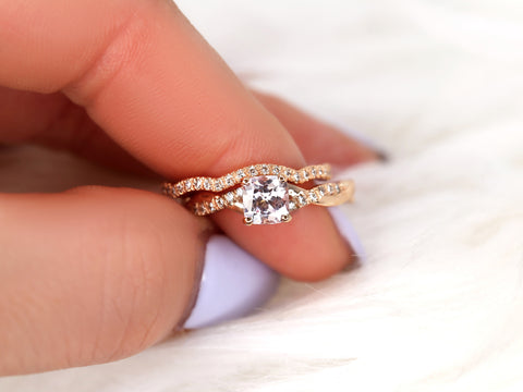 1.02ct Tressa 14kt Rose Gold Peach Champagne Sapphire Diamond Cushion Twisted Bridal Set - Rosados Box
