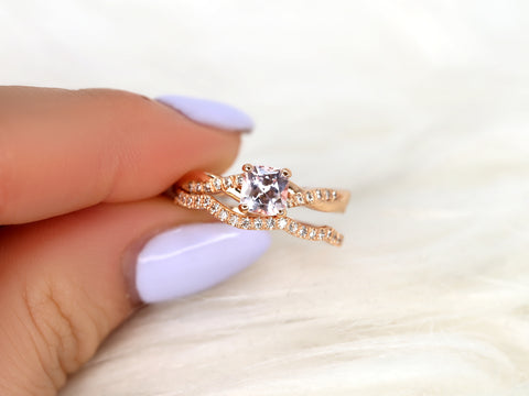 1.02ct Tressa 14kt Rose Gold Peach Champagne Sapphire Diamond Cushion Twisted Bridal Set - Rosados Box