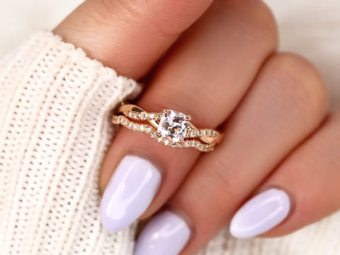 1.02ct Tressa 14kt Rose Gold Peach Champagne Sapphire Diamond Cushion Twisted Bridal Set - Rosados Box