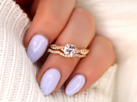 1.02ct Tressa 14kt Rose Gold Peach Champagne Sapphire Diamond Cushion Twisted Bridal Set - Rosados Box