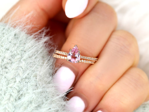 1.09ct Ann 14kt Rose Gold Peach Blush Sapphire Diamond Dainty Cathedral Bridal Set