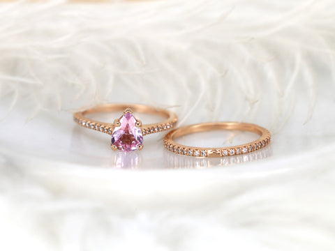 1.09ct Ann 14kt Rose Gold Peach Blush Sapphire Diamond Dainty Cathedral Bridal Set