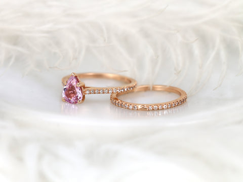 1.09ct Ann 14kt Rose Gold Peach Blush Sapphire Diamond Dainty Cathedral Bridal Set