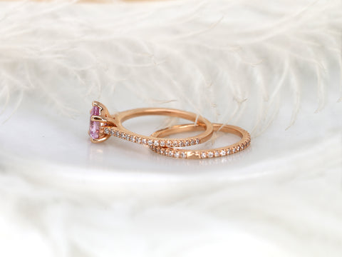 1.09ct Ann 14kt Rose Gold Peach Blush Sapphire Diamond Dainty Cathedral Bridal Set